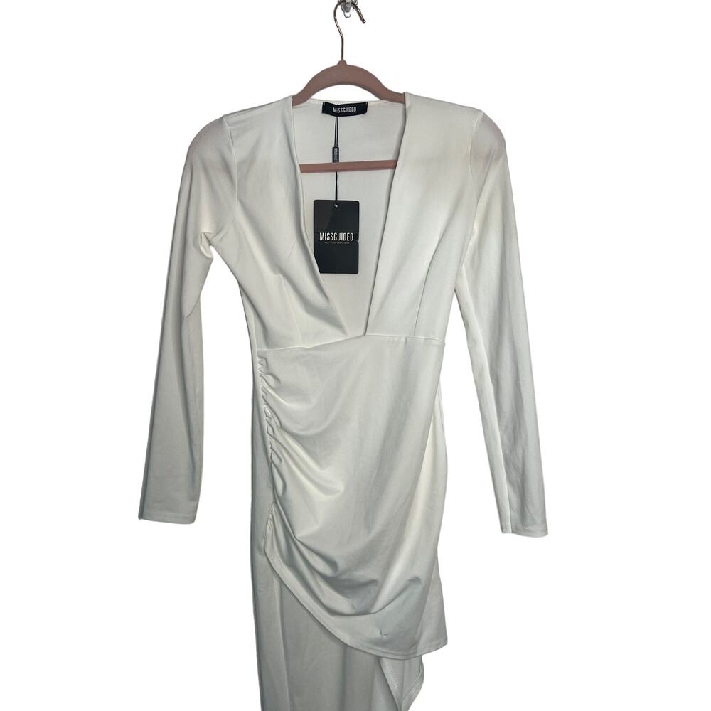 NWT Missguided Long Sleeve Asymmetrical Low Cut V Neck Bodycon White Dress 2 - Picture 2 of 6